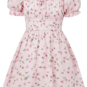 Girl's Floral Puff Sleeve Ruched Frill Trim Shirred A Line Boho Flared Dress