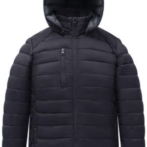 Classic Puffer Jacket for Girl Boy Synthetic Down Jacket Lightweight Winter Warm Coat Padded Quilted Zip-Off Hood