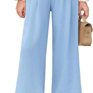 Girls High Waisted Uniform Pants Kids Wide Leg Dress Pants Casual Trousers with Pockets 5-14 Years