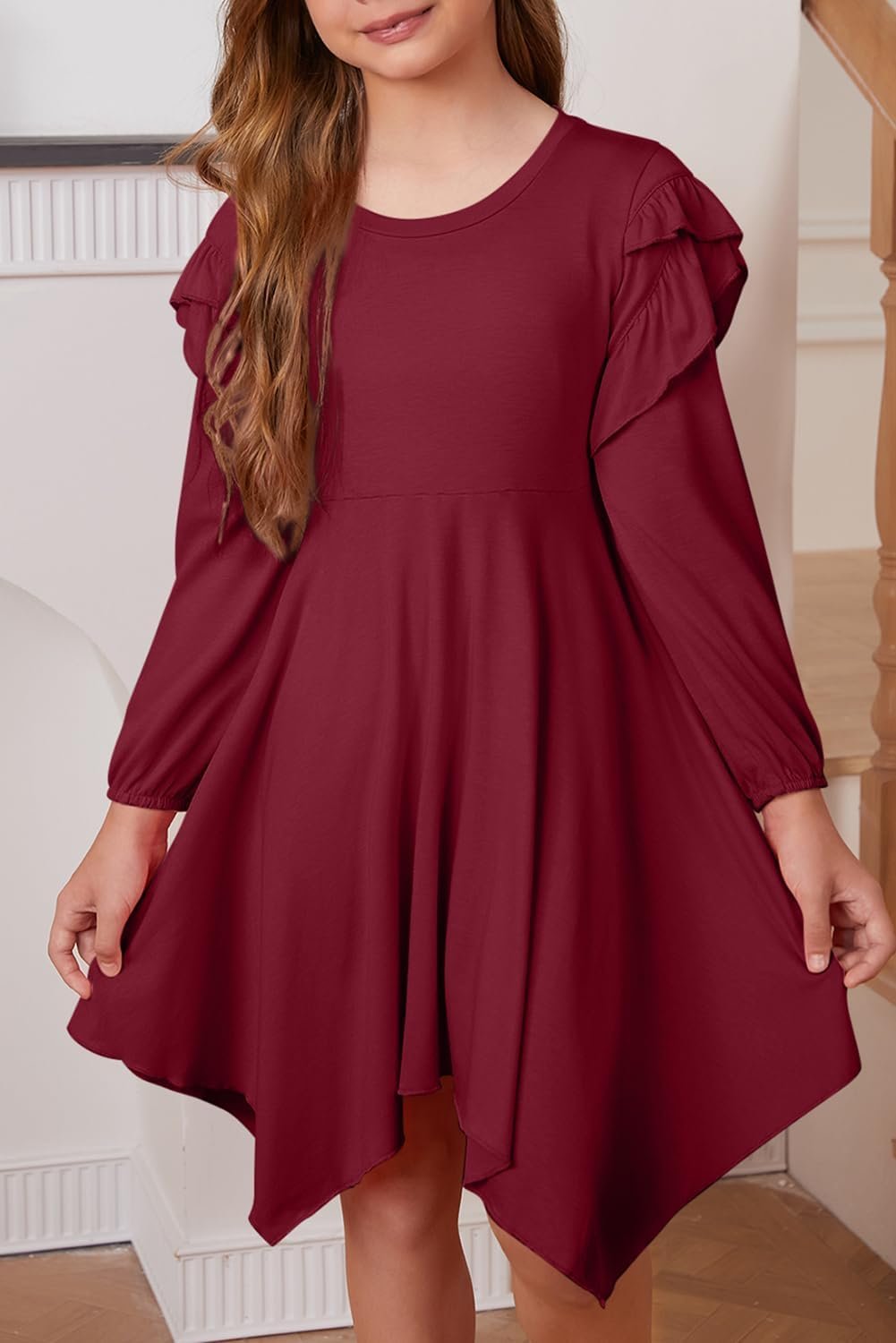 Girl Long Sleeve High Low Dresses Tween Cute Swing Dress Size 6-15 Years - Image 2