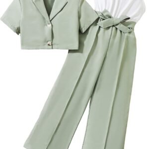 Girl's 2 Piece Outfits Short Sleeve Button Front Blazer Jacket & Belted Cami Jumpsuit Sets