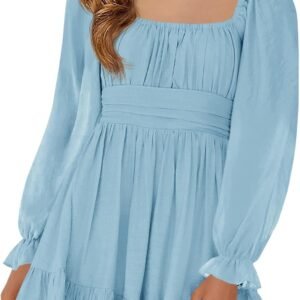 Girls Long Sleeve Dress Kids Square Neck Tie Backless Ruffle A-Line Mini Dresses 5-14 Years
