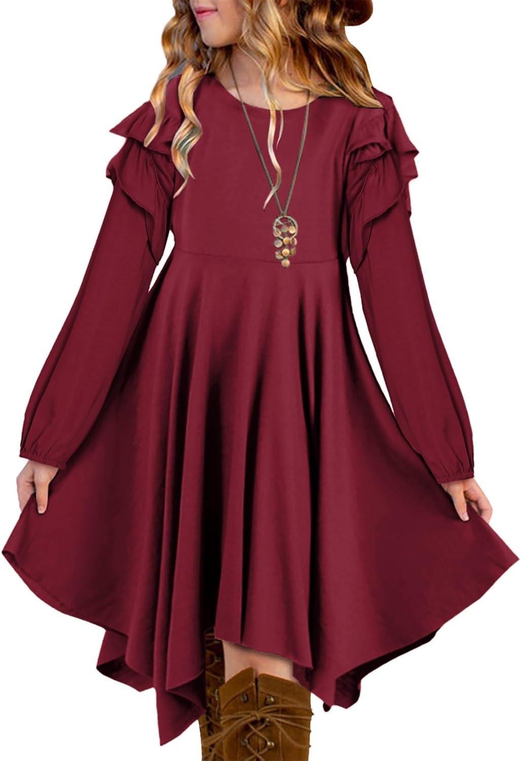 Girl Long Sleeve High Low Dresses Tween Cute Swing Dress Size 6-15 Years