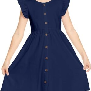 Girls Dress Flutter Sleeve A-Line Button Down Sundress Casual Midi Dresses for 4-12 Years Kids
