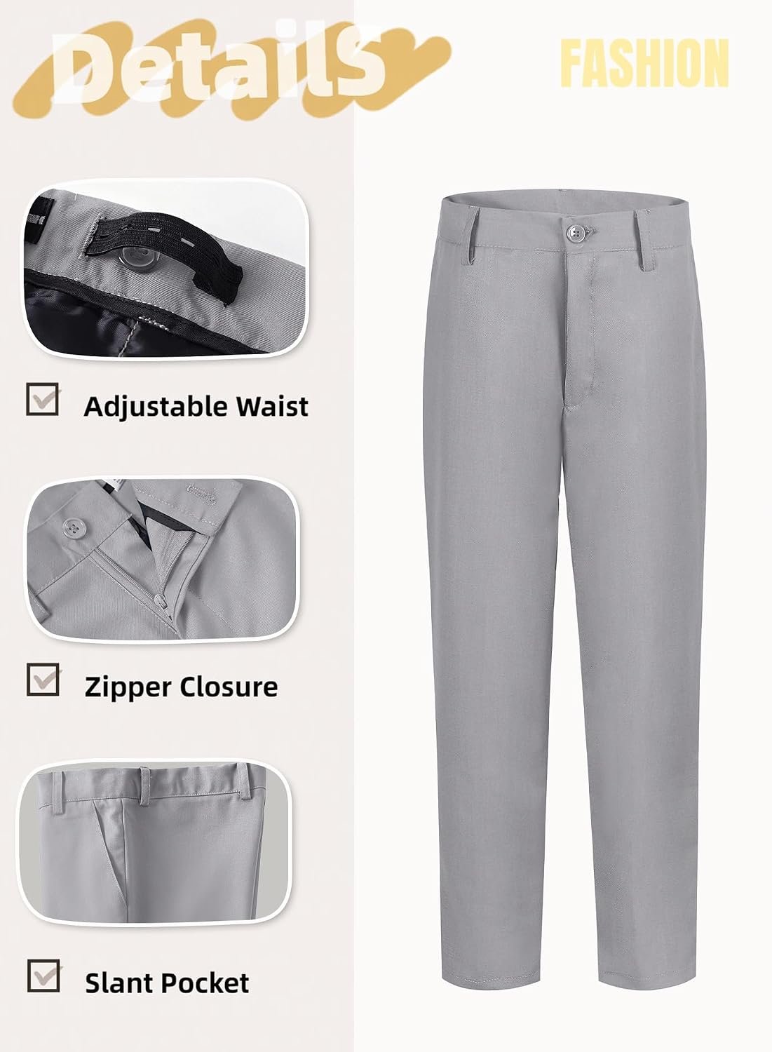 Boys Dress Pants Adjustable Waist Flat Front Casual Wear Slim Fit School Uniforms Pants - Image 2