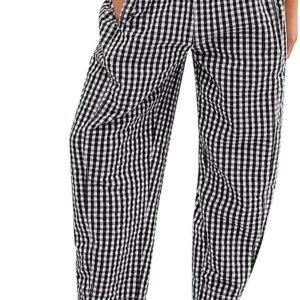 Girls Plaid Wide Leg Pants Gingham Elastic Waist Trousers Cute Print Bottoms with Slant Pockets