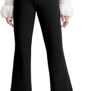 Girls Flare Leggings Pants Bell Bottom Solid Ribbed Cotton Kids Casual Long Trousers with Pockets
