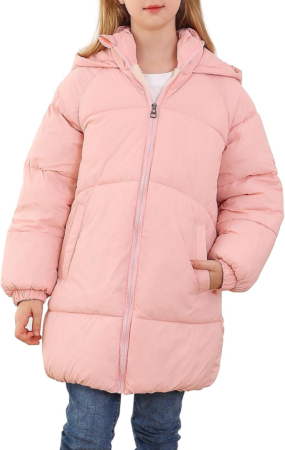 Girls Winter Coats Hooded Puffer Jackets Medium Length Down-like Cotton Coats Snow Outwear 5-12Y