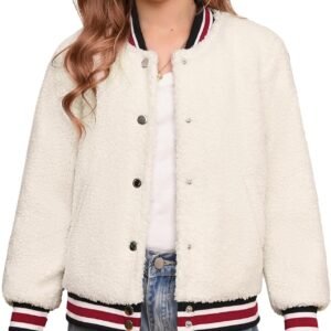 Girls Fleece Jacket Button Down Varsity Coat Fall Winter Baseball Outwear Clothes with Pocket for 7-14Y