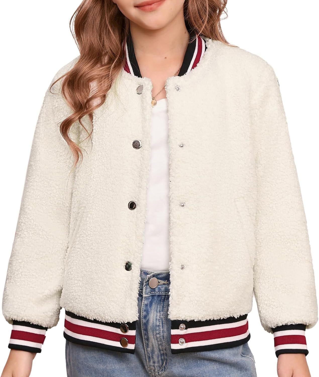 Girls Fleece Jacket Button Down Varsity Coat Fall Winter Baseball Outwear Clothes with Pocket for 7-14Y
