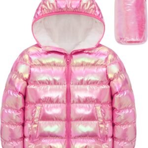 4-12 Years Girls Metallic Shine Hooded Puffer Jacket Packable Warmth Padded Winter Coat