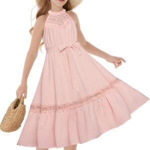 Girls Dresses Summer Spring Halter Maxi Dress Kids Ruffle Casual Flower Pleated Sun Dress Size 5-14