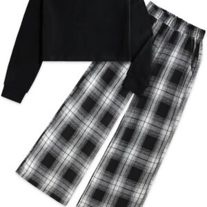 Girls Clothes Solid Long Sleeve Tops Plaid Wide Leg Pants with Pockets Girls Outfits Size 6-14