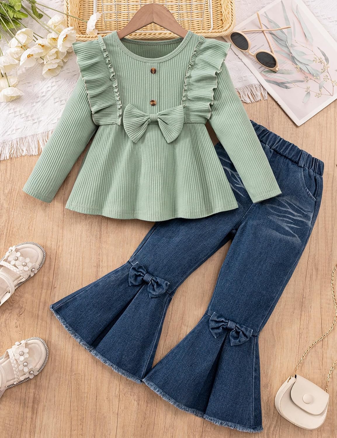Toddler Girl Clothes Solid Color Ruffle Bowtie Top and Flare Pants Headband 3Pcs Winter Baby Girl Outfits - Image 2