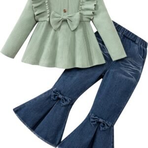 Toddler Girl Clothes Solid Color Ruffle Bowtie Top and Flare Pants Headband 3Pcs Winter Baby Girl Outfits